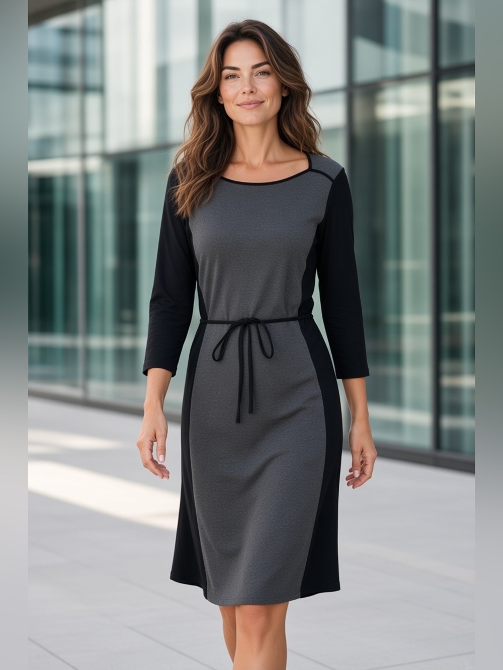 Lauren Ralph Lauren Gray Black Cotton Blend Midi Sheath Dress with Tie Waist